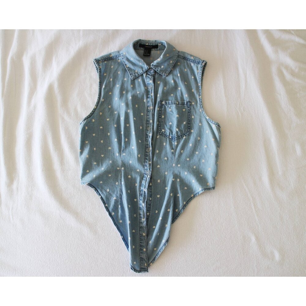 Forever 21 Denim Hearts Snap Button Bow Tie Sleeveless Blouse XS 100% Cotton